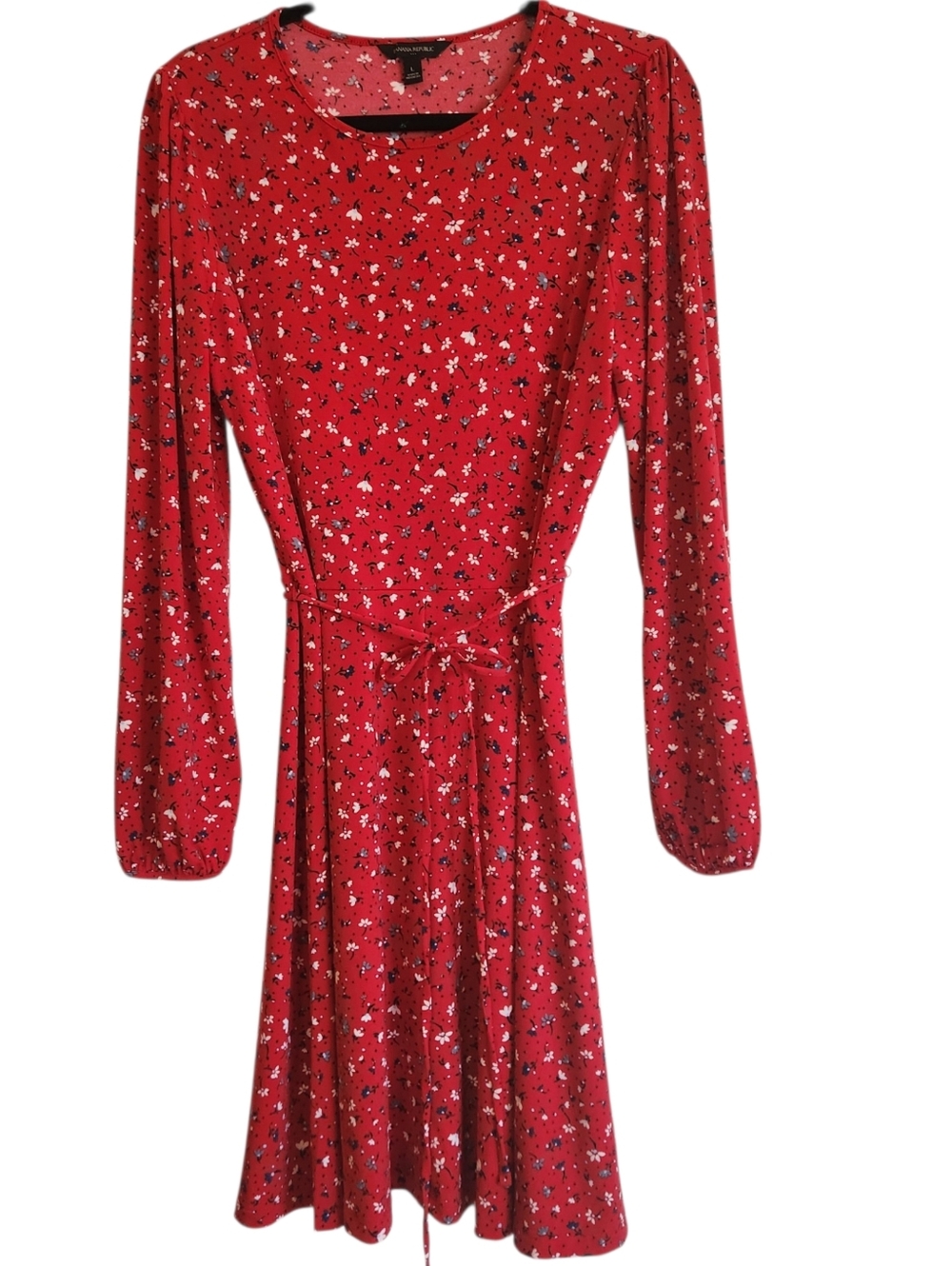 Banana Republic Red Long-Sleeve Floral Tie-Waist Dress Size L Cottagecore Flowy - Picture 2 of 12